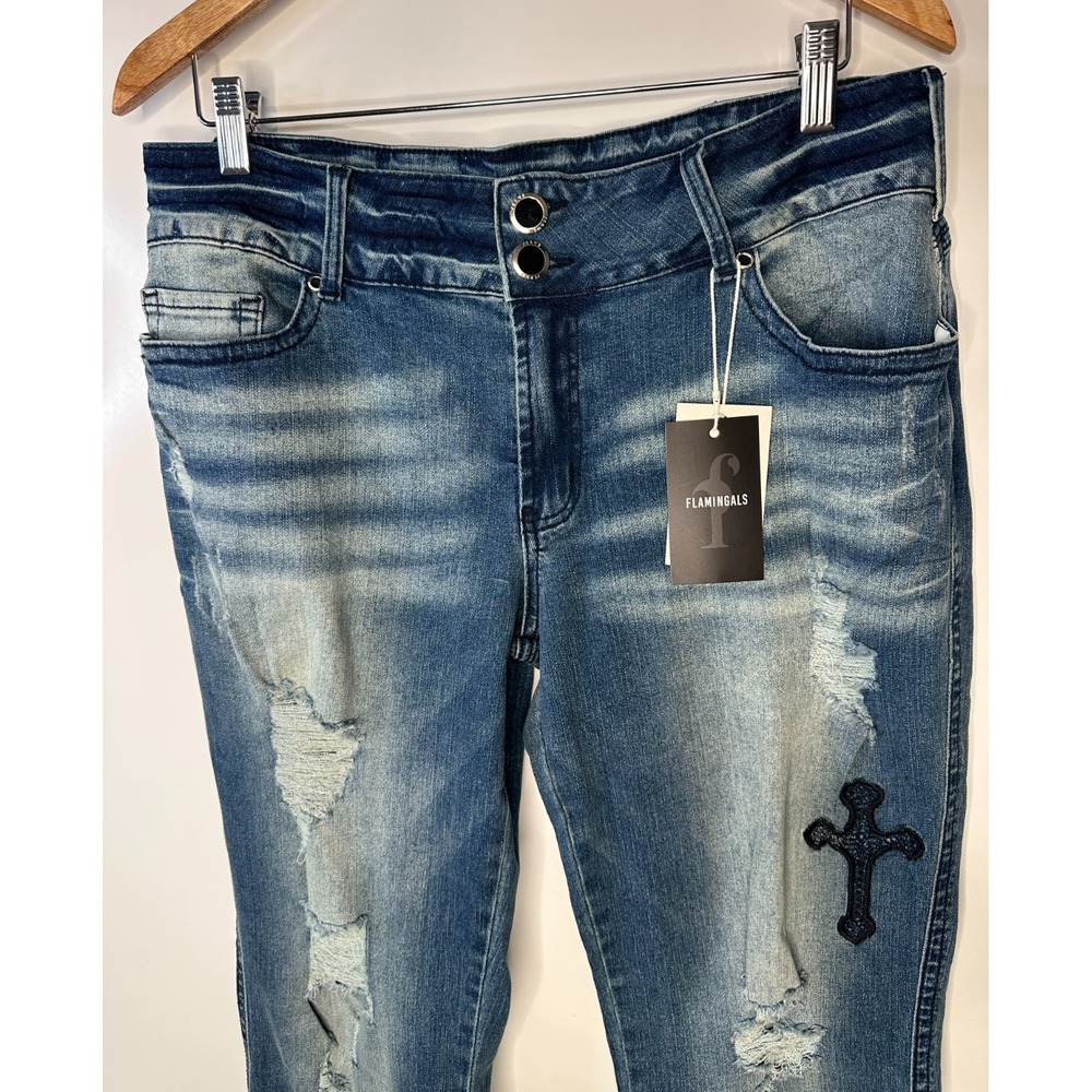 FLAMINGALS Cross Embroidery Ripped Double Button Mid Rise Bootcut Jeans 2XL - Picture 3 of 15